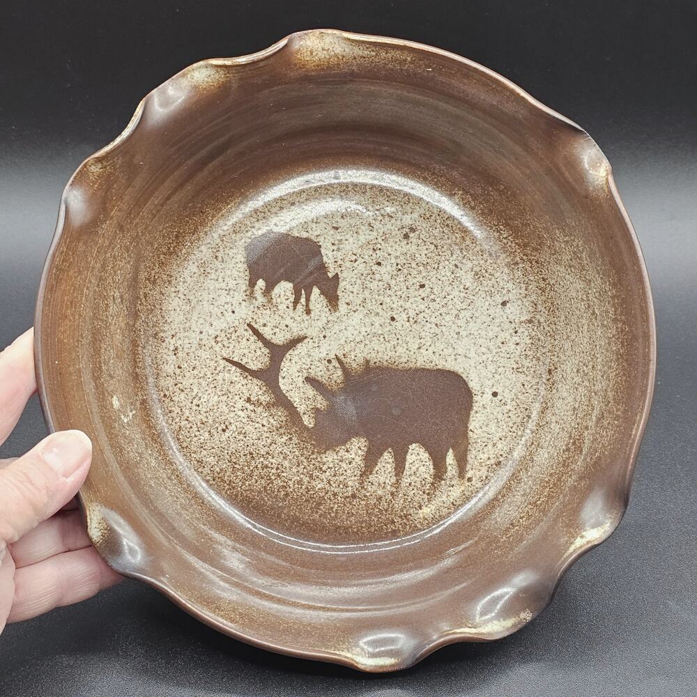 Norby Signed Pottery Bowl Elk Wildlife Glaze Rustic Handmade Ceramic Decor